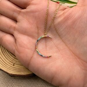 Sterling silver 925 Gold Crescent Moon Necklace with Multicolor Stones